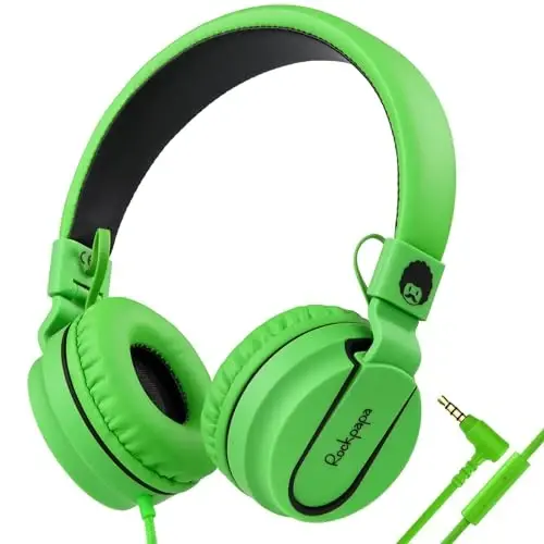 rockpapa 950 Wired Headphones for Kids Girls Boys for School Classroom with Microphone, On-Ear Foldable Corded Headphones with Jack 3.5mm for Laptop Computer Tablet Chromebooks Black Green 