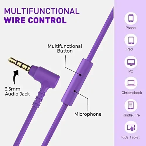 rockpapa 950 Wired Headphones for Kids Girls Boys for School Classroom with Microphone, On-Ear Foldable Corded Headphones with Jack 3.5mm for Laptop Computer Tablet Chromebooks Black Purple - 3