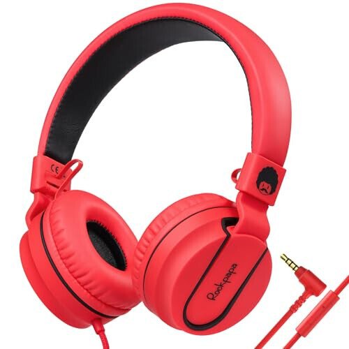 Rockpapa 950 Wired Headphones for Kids Girls Boys for School Classroom with Microphone, On-Ear Foldable Corded Headphones with Jack 3.5mm for Laptop Computer Tablet Chromebooks Black Red - MODAZONE