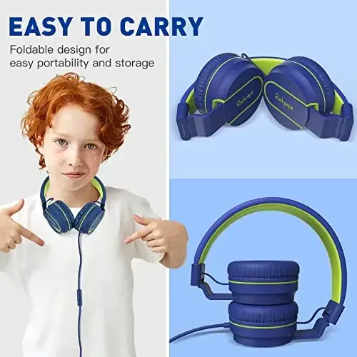 rockpapa 950 Wired Headphones for Kids Girls Boys for School Classroom with Microphone, On-Ear Foldable Corded Headphones with Jack 3.5mm for Laptop Computer Tablet Chromebooks Blue Green - 6