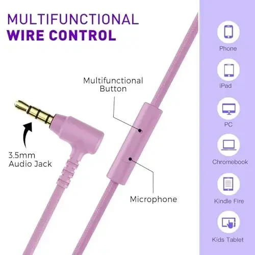 rockpapa 950 Wired Headphones for Kids Girls Boys for School Classroom with Microphone, On-Ear Foldable Corded Headphones with Jack 3.5mm for Laptop Computer Tablet Chromebooks Purple Pink - 4