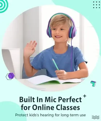 rockpapa C24 Kids Headphones with Microphone,Lightweight Foldable Corded Headphone with 3.5mm Jack Cable for Boys Girls Youth,Stereo Wired Head Phone for School Travel Purple Green - 5