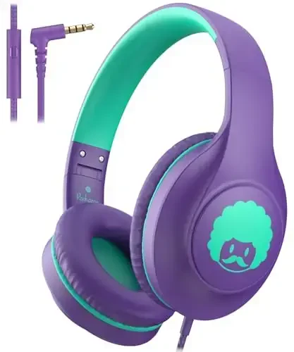 rockpapa C24 mikrofonli bolalar uchun naushniklari, 3,5 mm jack kabelli yengil katlanadigan simli naushnik, o'g'il qizlar uchun stereo simli naushnik, maktab sayohati uchun binafsha yashil - 1