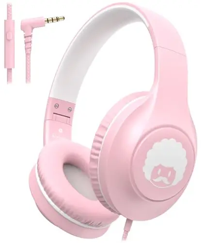 rockpapa C24 Kids Headphones with Microphone,Lightweight Foldable Corded Headphone with 3.5mm Jack Cable for Boys Girls Youth,Stereo Wired Head Phone for School Travel Pink White 