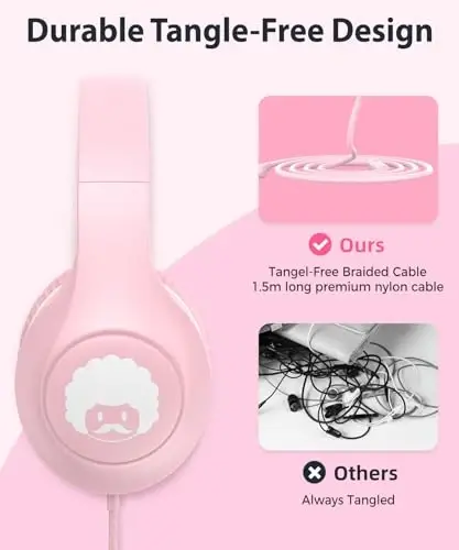 rockpapa C24 Kids Headphones with Microphone,Lightweight Foldable Corded Headphone with 3.5mm Jack Cable for Boys Girls Youth,Stereo Wired Head Phone for School Travel Pink White - 3