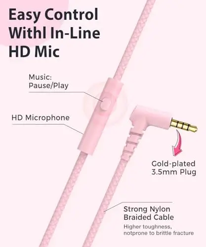 rockpapa C24 Kids Headphones with Microphone,Lightweight Foldable Corded Headphone with 3.5mm Jack Cable for Boys Girls Youth,Stereo Wired Head Phone for School Travel Pink White - 4