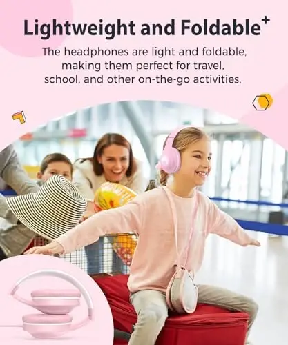 rockpapa C24 Kids Headphones with Microphone,Lightweight Foldable Corded Headphone with 3.5mm Jack Cable for Boys Girls Youth,Stereo Wired Head Phone for School Travel Pink White - 7