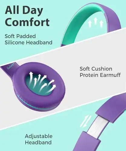 rockpapa C24 Kids Headphones with Microphone,Lightweight Foldable Corded Headphone with 3.5mm Jack Cable for Boys Girls Youth,Stereo Wired Head Phone for School Travel Purple Green - 2