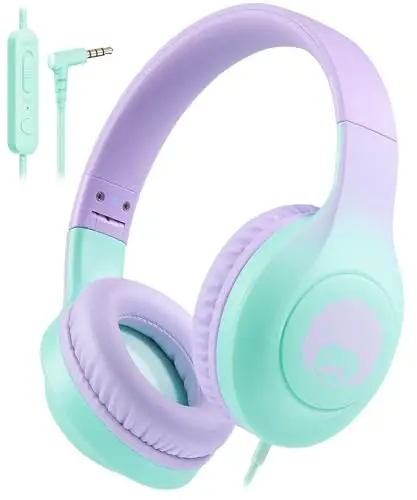 rockpapa Kids Headphones, Wired Headphones for Kids with Microphone, 85/94dB Volume Limiter Headphone for Girls Boys, Foldable Head Phones for School Tablet Laptop Purple Teal - ROCKPAPA