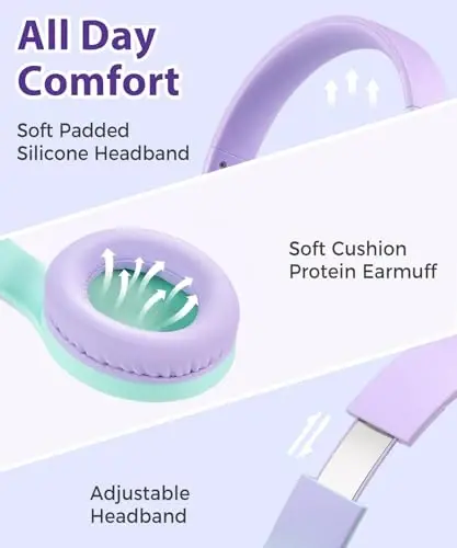 rockpapa Kids Headphones, Wired Headphones for Kids with Microphone, 85/94dB Volume Limiter Headphone for Girls Boys, Foldable Head Phones for School Tablet Laptop Purple Teal - 2