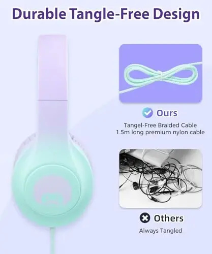 rockpapa Kids Headphones, Wired Headphones for Kids with Microphone, 85/94dB Volume Limiter Headphone for Girls Boys, Foldable Head Phones for School Tablet Laptop Purple Teal - 4