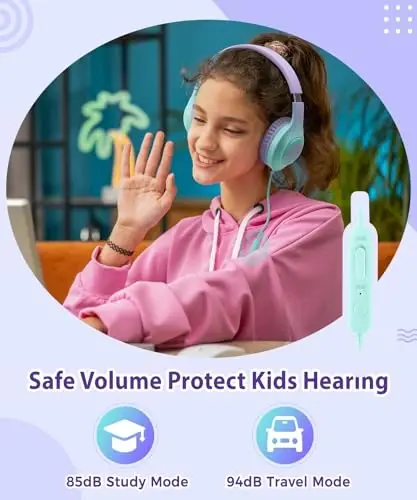 rockpapa Kids Headphones, Wired Headphones for Kids with Microphone, 85/94dB Volume Limiter Headphone for Girls Boys, Foldable Head Phones for School Tablet Laptop Purple Teal - 5