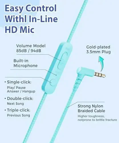 rockpapa Kids Headphones, Wired Headphones for Kids with Microphone, 85/94dB Volume Limiter Head Phones for Girls Boys, Foldable Headphone for School Tablet Laptop Blue Green - 3