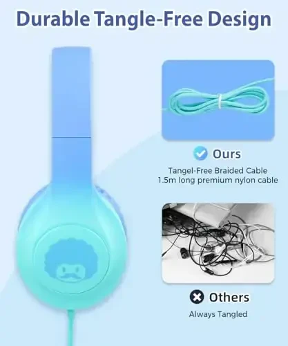 rockpapa Kids Headphones, Wired Headphones for Kids with Microphone, 85/94dB Volume Limiter Head Phones for Girls Boys, Foldable Headphone for School Tablet Laptop Blue Green - 4