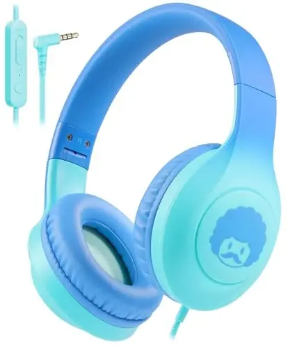 rockpapa Kids Headphones, Wired Headphones for Kids with Microphone, 85/94dB Volume Limiter Head Phones for Girls Boys, Foldable Headphone for School Tablet Laptop Blue Green 