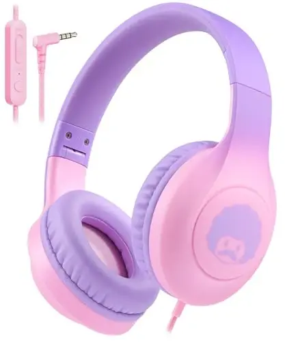 rockpapa Kids Headphones, Wired Headphones for Kids with Microphone, 85/94dB Volume Limiter Head Phones for Girls Boys, Foldable Headphone for School Tablet Laptop Purple Pink 