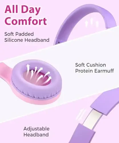 rockpapa Kids Headphones, Wired Headphones for Kids with Microphone, 85/94dB Volume Limiter Head Phones for Girls Boys, Foldable Headphone for School Tablet Laptop Purple Pink - 2