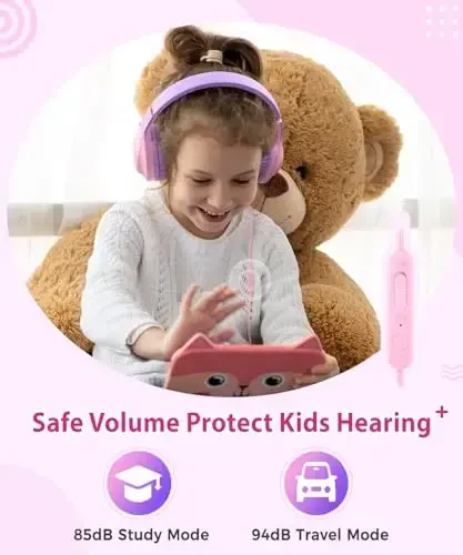 rockpapa Kids Headphones, Wired Headphones for Kids with Microphone, 85/94dB Volume Limiter Head Phones for Girls Boys, Foldable Headphone for School Tablet Laptop Purple Pink - 5