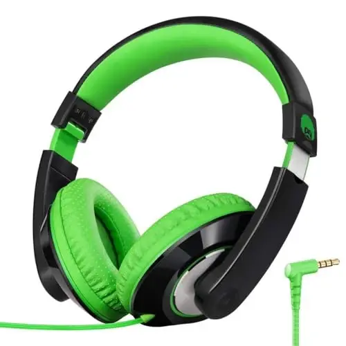 Rockpapa Comfort Kids Headphones for School, Lightweight Childrens Boys Girls Teens Over-Ear Headphones Wired 3.5mm for CD DVD Player Tablet Phone Travel Black/Green - 3