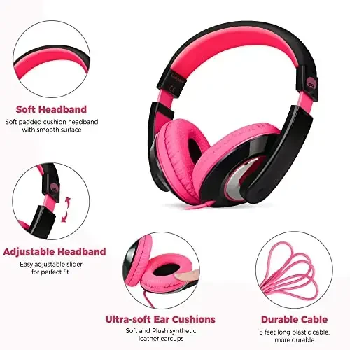 rockpapa Comfort Kids Headphones for School, Lightweight Childrens Boys Girls Teens Over-Ear Headphones Wired 3.5mm for CD DVD Player Tablet Phone Travel Black/Pink - ROCKPAPA (1)