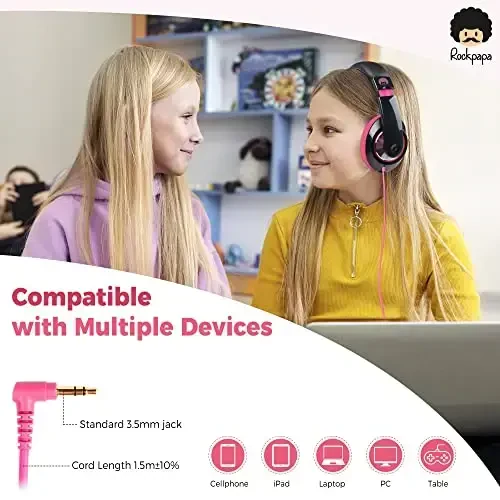 rockpapa Comfort Kids Headphones for School, Lightweight Childrens Boys Girls Teens Over-Ear Headphones Wired 3.5mm for CD DVD Player Tablet Phone Travel Black/Pink - 5