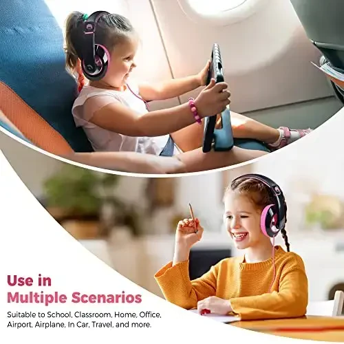 rockpapa Comfort Kids Headphones for School, Lightweight Childrens Boys Girls Teens Over-Ear Headphones Wired 3.5mm for CD DVD Player Tablet Phone Travel Black/Pink - 6