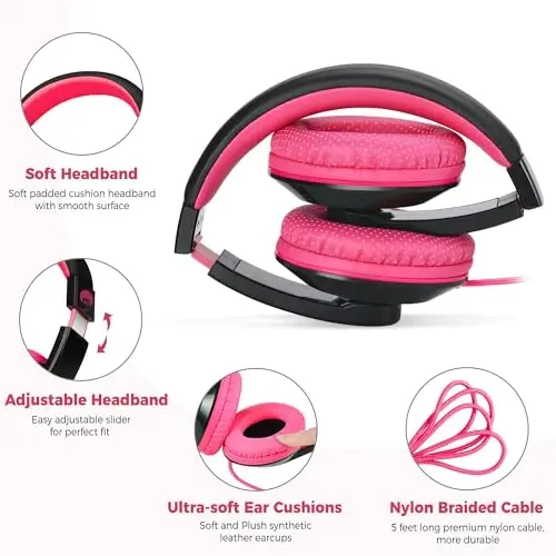 rockpapa Comfort Kids Headphones for School, Lightweight Childrens Boys Girls Teens Over-Ear Headphones Wired 3.5mm for CD DVD Player Tablet Phone Travel Black/Pink - 2