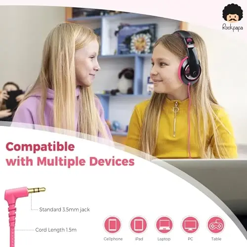 rockpapa Comfort Kids Headphones for School, Lightweight Childrens Boys Girls Teens Over-Ear Headphones Wired 3.5mm for CD DVD Player Tablet Phone Travel Black/Pink - 5