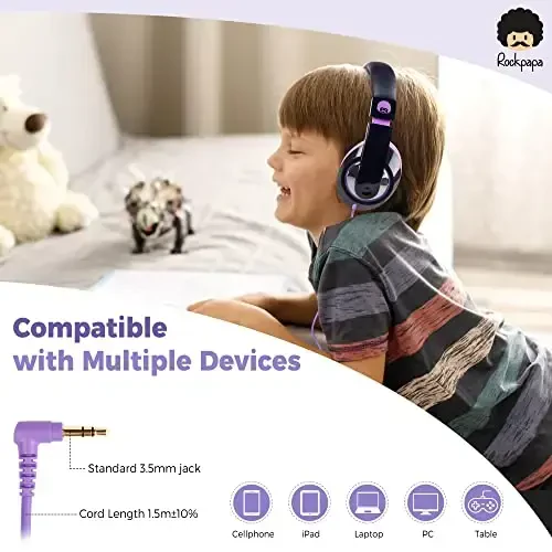 rockpapa Comfort Kids Headphones for School, Lightweight Childrens Boys Girls Teens Over-Ear Headphones Wired 3.5mm for CD DVD Player Tablet Phone Travel Black/Purple - 6