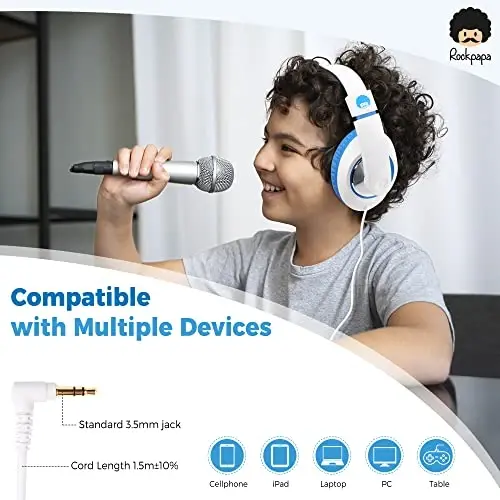 rockpapa Comfort Kids Headphones for School, Lightweight Childrens Boys Girls Teens Over-Ear Headphones Wired 3.5mm for CD DVD Player Tablet Phone Travel White/Blue - 5