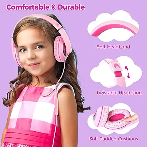 rockpapa Comfort+ Kids Headphones with Microphone, Boys Girls Student Over-Ear Headphones Wired Foldable for School Classroom Laptop PC Computer Tablet Pink - ROCKPAPA (1)