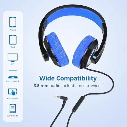 rockpapa Comfort+ Kids Headphones with Microphone, Boys Girls Student Over-Ear Headphones Wired for School Classroom Laptop PC Computer Tablet Black Blue - 3