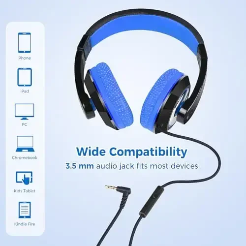 rockpapa Comfort+ Kids Headphones with Microphone, Boys Girls Student Over-Ear Headphones Wired for School Classroom Laptop PC Computer Tablet Black Blue - 3