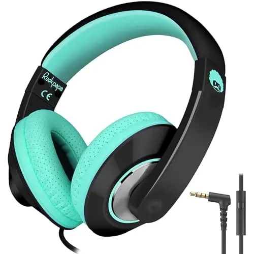 rockpapa Comfort+ Kids Headphones with Microphone, Boys Girls Student Over-Ear Headphones Wired for School Classroom Laptop PC Computer Tablet Black Teal - 1
