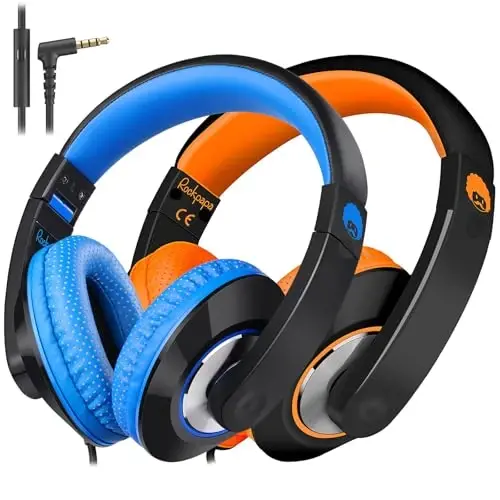 rockpapa Comfort+ Kids Headphones with Microphone, Boys Girls Student Over-Ear Headphones Wired for School Classroom Laptop PC Computer Tablet Black/Blue+Black/Orange - 1