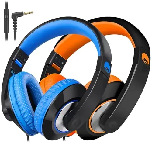 rockpapa Comfort+ Kids Headphones with Microphone, Boys Girls Student Over-Ear Headphones Wired for School Classroom Laptop PC Computer Tablet Black/Blue+Black/Orange 