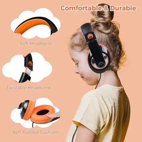 rockpapa Comfort+ Kids Headphones with Microphone, Boys Girls Student Over-Ear Headphones Wired for School Classroom Laptop PC Computer Tablet Black/Blue+Black/Orange - ROCKPAPA (1)