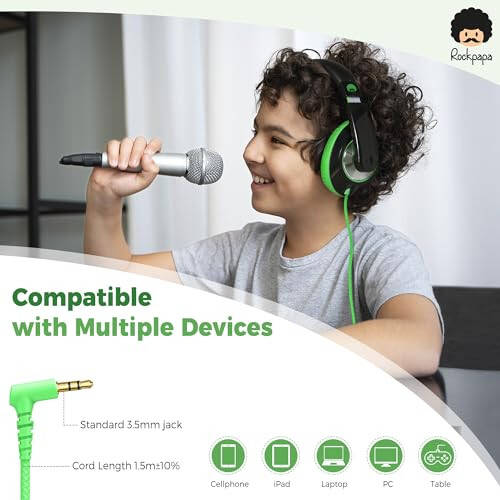 Rockpapa Comfort Kids Maktab uchun bolalar uchun quloqchinlar, yengil bolalar uchun o'g'il bolalar qizlar o'spirinlar quloq usti quloqchinlari simli 3.5 mm CD DVD pleer planshet telefon sayohat uchun qora / yashil - 3