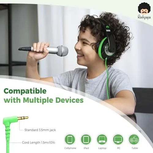 Rockpapa Comfort Kids Maktab uchun bolalar uchun quloqchinlar, yengil bolalar uchun o'g'il bolalar qizlar o'spirinlar quloq usti quloqchinlari simli 3.5 mm CD DVD pleer planshet telefon sayohat uchun qora / yashil - ROCKPAPA (1)