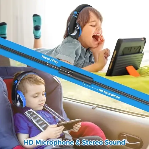 rockpapa Comfort+ Mikrofonli bolalar uchun naushniklari, O'g'il bolalar Qizlar O'quvchi Quloq ustidagi simli naushniklar Maktab sinf xonasi Noutbuk PC Kompyuter plansheti Qora Moviy - 4
