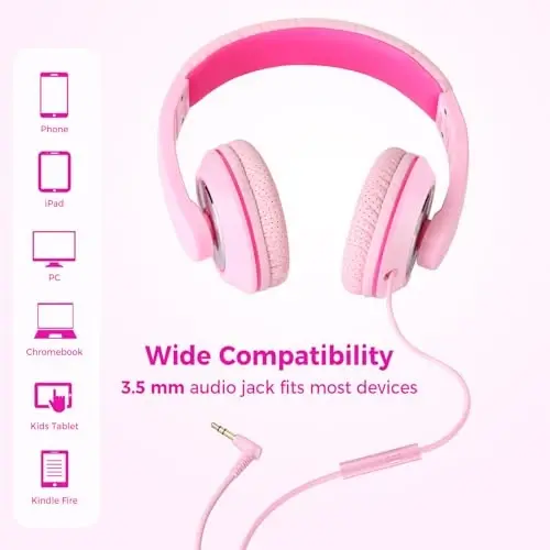 rockpapa Comfort+ Mikrofonli bolalar uchun naushniklari, o'g'il qizlar uchun quloq ustidagi simli katlanadigan naushniklar maktab sinfi noutbuki kompyuter plansheti pushti - 3