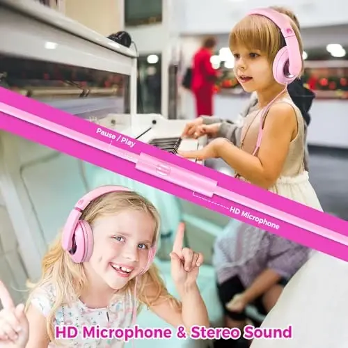 rockpapa Comfort+ Mikrofonli bolalar uchun naushniklari, o'g'il qizlar uchun quloq ustidagi simli katlanadigan naushniklar maktab sinfi noutbuki kompyuter plansheti pushti - 4