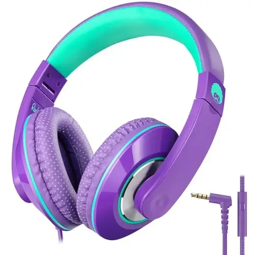 rockpapa Comfort+ Kids Headphones with Microphone, Boys Girls Student Over-Ear Headphones Wired Foldable for School Classroom Laptop PC Computer Tablet Purple Green - 1