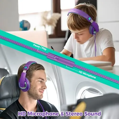 rockpapa Comfort+ Kids Headphones with Microphone, Boys Girls Student Over-Ear Headphones Wired Foldable for School Classroom Laptop PC Computer Tablet Purple Green - 4