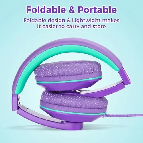 rockpapa Comfort+ Kids Headphones with Microphone, Boys Girls Student Over-Ear Headphones Wired Foldable for School Classroom Laptop PC Computer Tablet Purple Green - 5