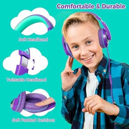 rockpapa Comfort+ Kids Headphones with Microphone, Boys Girls Student Over-Ear Headphones Wired Foldable for School Classroom Laptop PC Computer Tablet Purple Green - ROCKPAPA (1)