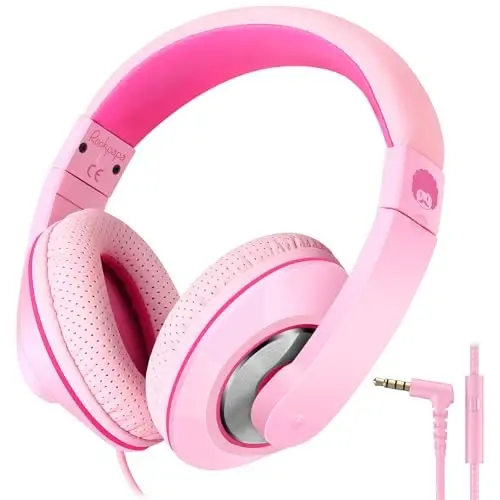 rockpapa Comfort+ Kids Headphones with Microphone, Boys Girls Student Over-Ear Headphones Wired Foldable for School Classroom Laptop PC Computer Tablet Pink 
