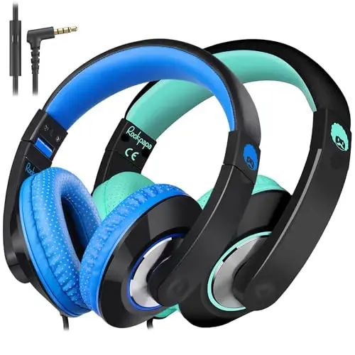 rockpapa Comfort+ Kids Headphones with Microphone, Boys Girls Student Over-Ear Headphones Wired for School Classroom Laptop PC Computer Tablet Black/Blue+Black/Teal - 1