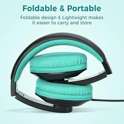 rockpapa Comfort+ Kids Headphones with Microphone, Boys Girls Student Over-Ear Headphones Wired Foldable for School Classroom Laptop PC Computer Tablet Black Teal - 2