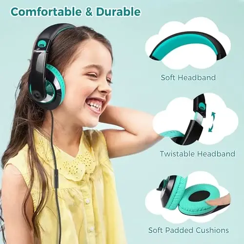 rockpapa Comfort+ Kids Headphones with Microphone, Boys Girls Student Over-Ear Headphones Wired Foldable for School Classroom Laptop PC Computer Tablet Black Teal - 3